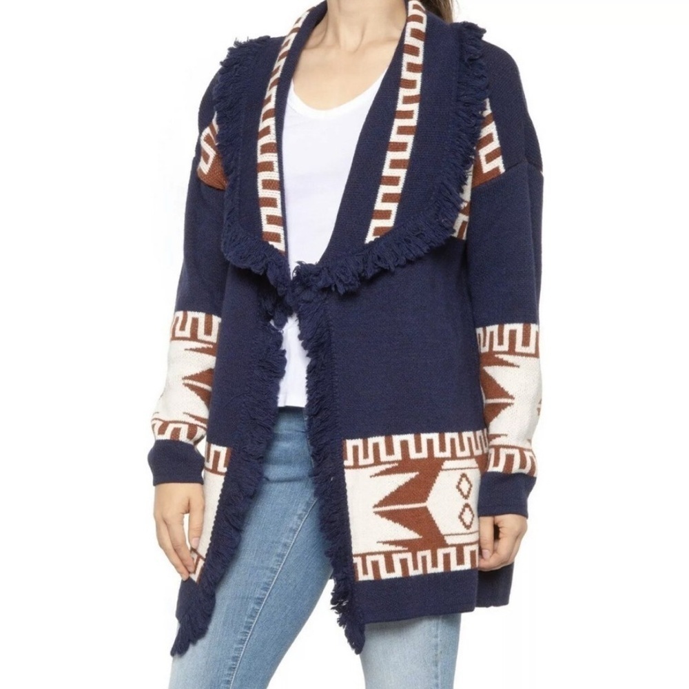 CocoGio Made in Italy Aztec Fringed Wool Blend Cardigan Sweater Size Large Navy